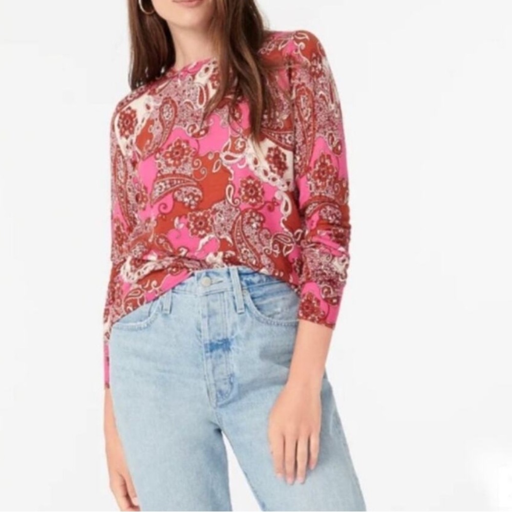 J Crew Margot Paisley Merino Wool Crew Neck Pullover Sweater Small Women's
